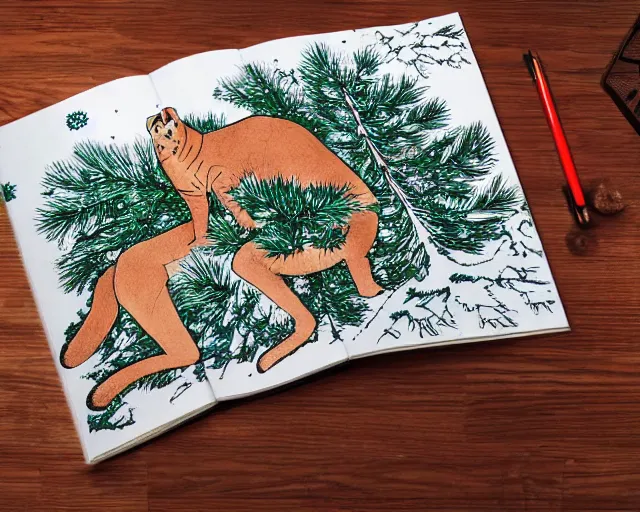 Image similar to unfinished colouring book showing 'a cougar sleeping in the middle of snowy pine tree' laying on coffee table, zoomed out shot, HD,