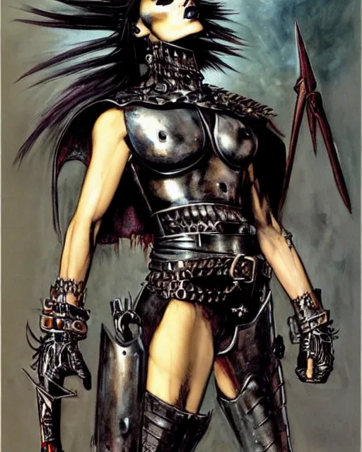 Image similar to portrait of an androgynous skinny punk goth warrior wearing armor by simon bisley, john blance, frank frazetta, fantasy