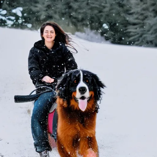 Prompt: girl riding giant Bernese Mountain Dog in the snow