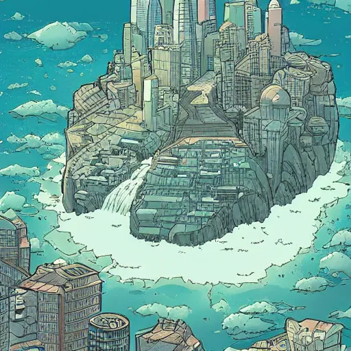 Prompt: an island of city floating above the sea, waterfalls fall from the island, by Laurie Greasley, artstation, Studio Ghibli color scheme
