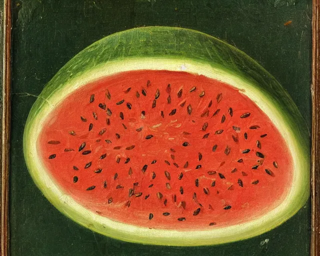 Prompt: a 1 5 th century medieval oil painting of a watermelon with lots of rind and large seeds. high quality scan