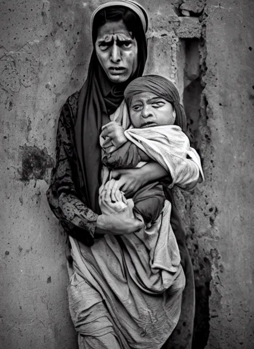 Image similar to angry, taliban, woman, rope, tears, child, baby, dust, suicide. highly details, 8 k, uhd, most incredible modern photography, best photos of the year, depth of anatomy detailed, pulitzer, pinterest, anna forsterling, saul bromberger, hoang long ly, yulia nevskaya, suzanne engelberg, dale odell,