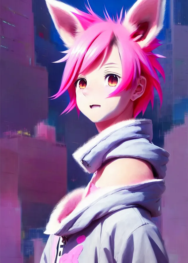 Lexica - Portrait of a cute anime boy with pink hair and pink wolf ears and  pink wolf tail wearing stylish clothes | | highly detailed digital art pa...