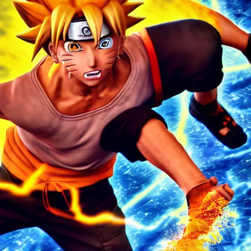 Image similar to a highly realistic photo of Naruto Uzumaki as Son Goku, dramatic, hyperdetailed, artstation, photorealism, accurate, octane render, 8k,