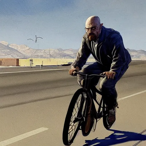 Image similar to walter white riding on a bike in gta 5 by greg rutkowski