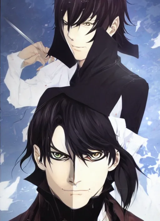 Image similar to half - body character portrait by shigenori soejima, handsome male vampire, focus on face sword holster, long black hair, light brown coat