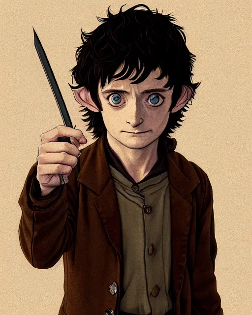 Prompt: portrait Anime joyful Elijah Wood as Hobbit Frodo Baggins; velvet brown jacket, backpack, Shire background || cute-fine-face, pretty face, realistic shaded Perfect face, fine details. Anime. realistic shaded lighting by Ilya Kuvshinov katsuhiro otomo ghost-in-the-shell, magali villeneuve, artgerm, Jeremy Lipkin and Michael Garmash and Rob Rey