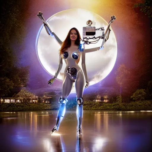 Prompt: beautiful centered Fine art photo of young Sofia Vergara as a solarpunk robotic humanoid treading on a lake, chrome mechanical parts with led lights, photorealistic, white background, highly detailed and intricate, sun lighting, HDR 8k