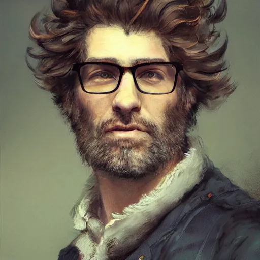 Prompt: portrait of 4 0 year old man wearing glasses and fuzzy hair by jean - baptiste monge, high quality, high resolution, 4 k, painted by cgsociety, rutkowski, gurney