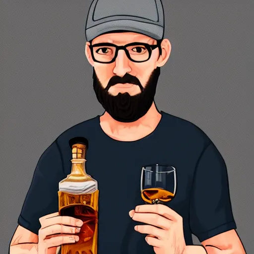 Prompt: portrait of a young, bald, bearded man, wearing glasses and a backwards hat, drinking a glass of whiskey, digital painting, highly detailed, trending on artstation