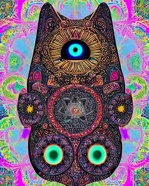 Image similar to hamsa cat with a single cyclops all-seeing eye intricate ceramic sculpture, drippy glazed dripping glaze Turkish Anatolian ceramic, highly detailed large sculpture object, finely hand painted intricate psychedelic op-art glitch patterned black colorful metallic decorative maximalist sculpted balanced, design by Felipe Pantone, isolated on white 8k octane render