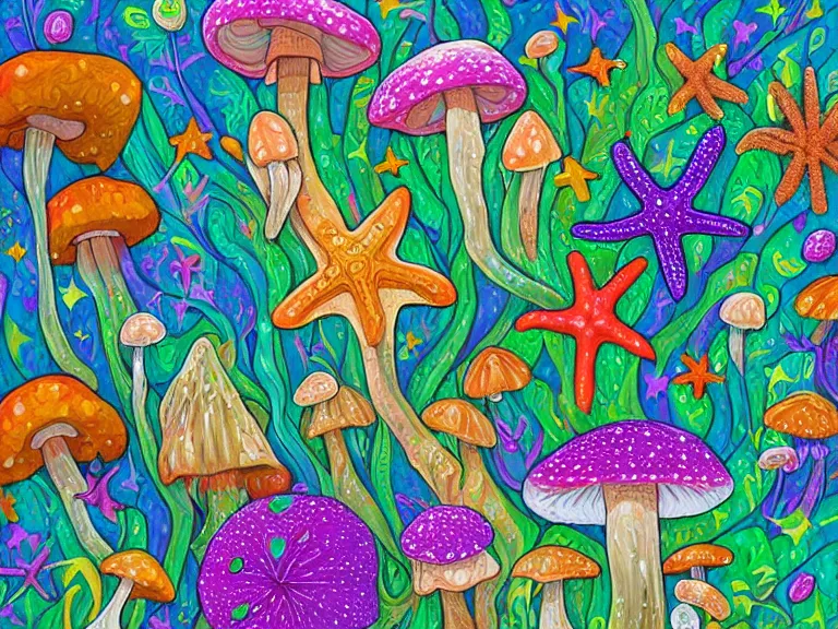 Image similar to digital painting detailed beach and shoreline starfish magical forest flowers mushrooms painted by jeremiah ketner