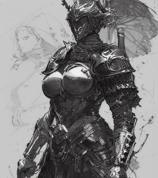 Image similar to anime woman in armor, pen and ink, intricate line drawings, by craig mullins, ruan jia, kentaro miura, greg rutkowski, loundraw