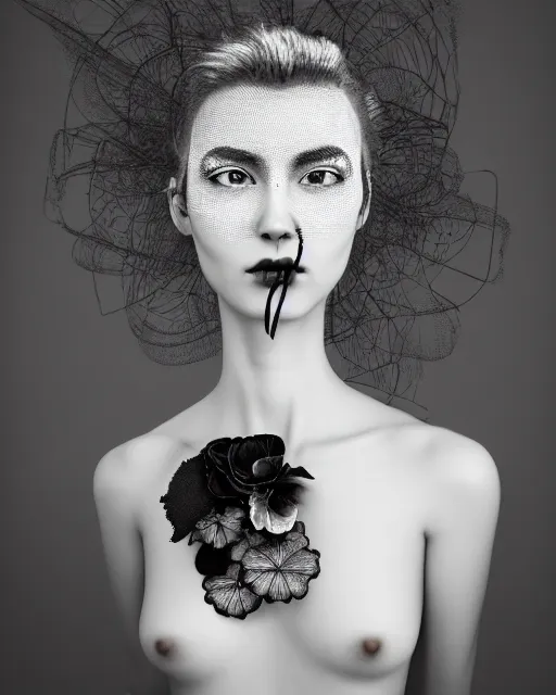 Image similar to black and white dreamy foggy poetic smoky profile face portrait, one silver steampunk realistic eye biomechanical beautiful angelic young female cyclope - cyborg - robot bust, body ribs meshes,, volumetric light, hibiscus flowers, by man ray, rim light, big gothic fashion pearl embroidered collar, 8 k