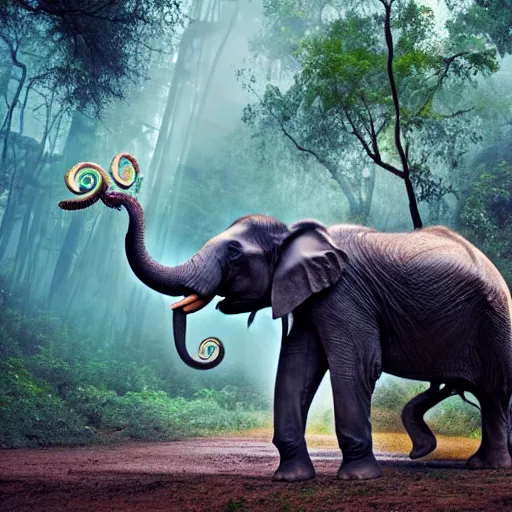 Image similar to an elephant with octopus tentacles as a trunk, standing in a jungle with ominous light from above, ambient light, fog, river