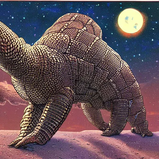 Image similar to a cybernetic pangolin. the pangolin is standing upright. the pangolin is covered in white and gold scales. high quality fantasy science fiction art. painted by larry elmore.