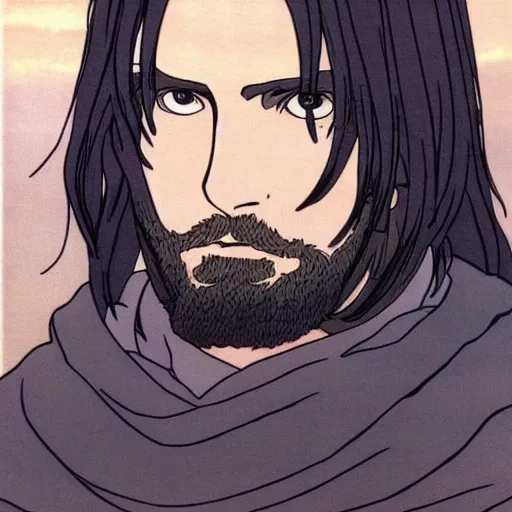 Image similar to aragorn from the anime lord of the rings (1986), looking serious, some beard, studio ghibli, very detailed, realistic