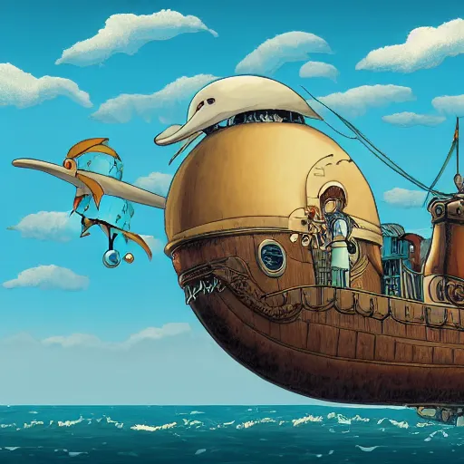 Prompt: a detailed illustration of a steampunk airship with a cute dolphin by the sea in the style of Ghibli, 8k