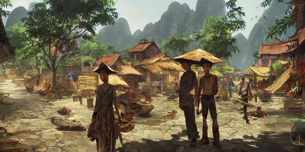 Prompt: vietnamese village scene, side scroller, 2 d game art background, sharp, detailed, intricate, game level design, cinematic lighting, ultrarealistic, photorealistic, trending on artstation, in the style of yoji shinkawa and greg rutkowski and federico pelat and wlop and karol bak and bouguereau and santiago caruso
