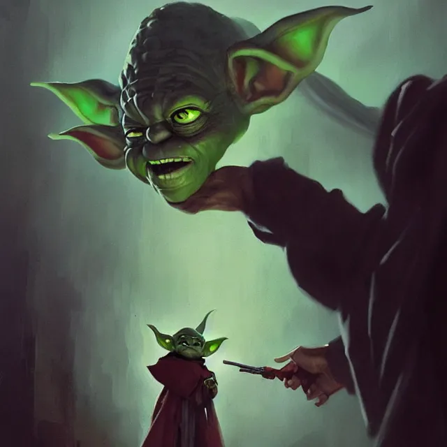 Image similar to a painting of an evil yoda by greg rutkowski, dark fantasy art, high detail, trending on artstation