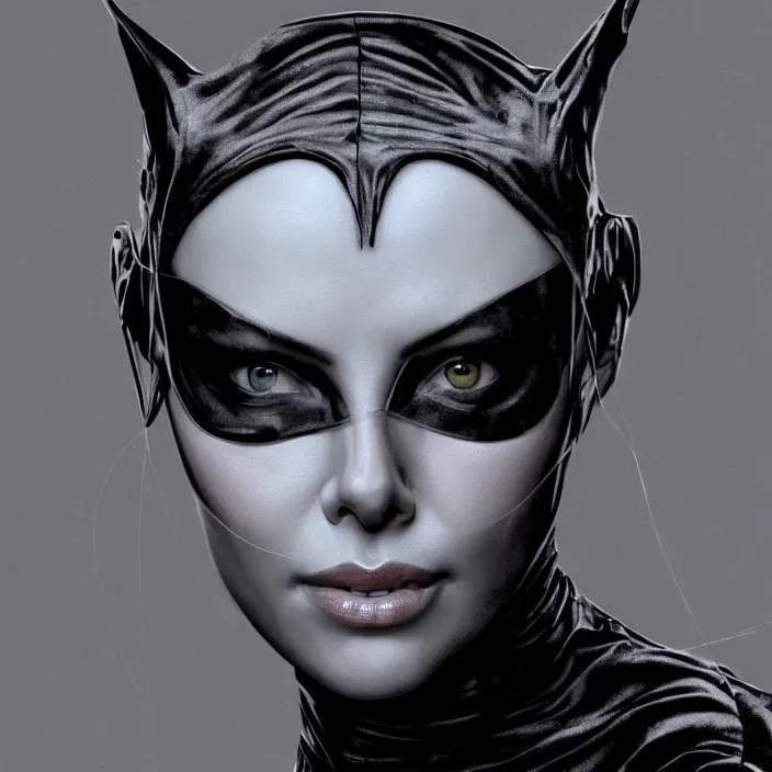 Prompt: portrait of charlize theron as a catwoman 1 9 8 9. intricate abstract. intricate artwork. by tooth wu, wlop, beeple, dan mumford. octane render, trending on artstation, greg rutkowski very coherent symmetrical artwork. cinematic, hyper realism, high detail, octane render, 8 k, iridescent accents