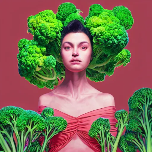 Image similar to the portrait of an unbelievably beautiful and sophisticated young woman made up of broccoli looking straight up, an ultrafine detailed illustration by james jean, intricate linework, bright colors, final fantasy, behance contest winner, vanitas, angular, altermodern, unreal engine 5 highly rendered, global illumination, radiant light, detailed and intricate environment