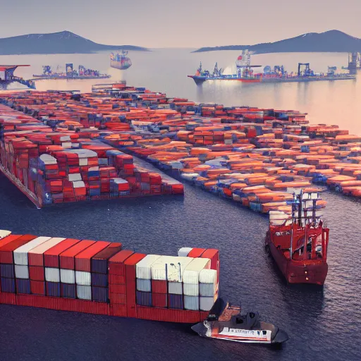 Image similar to cinematic, panorama, modern busy shipping port, containers, art direction by darius zawadzki, sharp focus, highly detailed, wideshot ultrawide angle epic scale, dynamic dramatic lighting, crisp, cinematic atmosphere, artstation, hyperrealistic 3 d digital art, octane render, uhd image