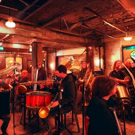 Prompt: architects watch a jazz band play in a crowded underground bar, photorealistic, 8k