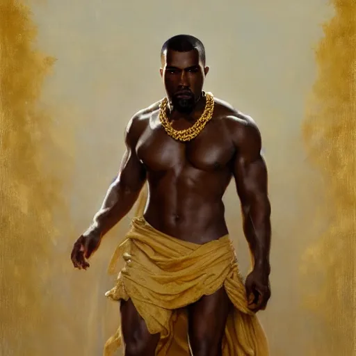 Prompt: detailed realistic cinematic wide shot of beautiful attractive muscular kanye west with gold chain wearing blue bath robe slim face symettrical face clean skin black eyes black robe smooth, sharp focus, ultra realistic, spring light, painting by gaston bussiere, craig mullins, j. c. leyendecker