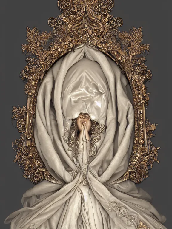 Image similar to a beautiful render of baroque catholic veiled Virgin sculpture with symmetry intricate detailed,by Nekro and peter gric and aaron horkey and Billelis,Trending on artstation,ZBrush,fractalism,maximalism,glittering,Ligne Claire,gold,ivory,copper verdigris,hyperreal