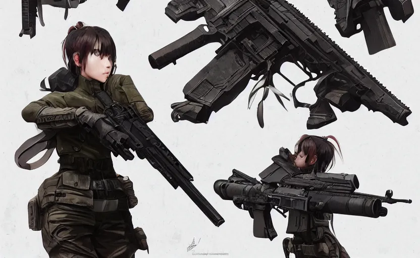 Prompt: highly detailed, high resolution, character design art, stunning, volumetric lightning, realistic guns, girls frontline style, matte, sharp focus, intricate, 1 5 0 mm, illustration, artstation, by kuvshinov ilya, realistic human anatomy, simple design, realistic military gear, metal gear style