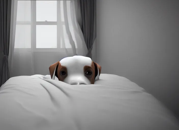 Image similar to photography of a Jack Russel watching outside the window on a bed in a 3d rendered white room, octane render, 3d, foggy, volumetric light, volumetric fog, photorealistic, unreal engine 5, award winning photo, 100mm, sharp, cloth, high res