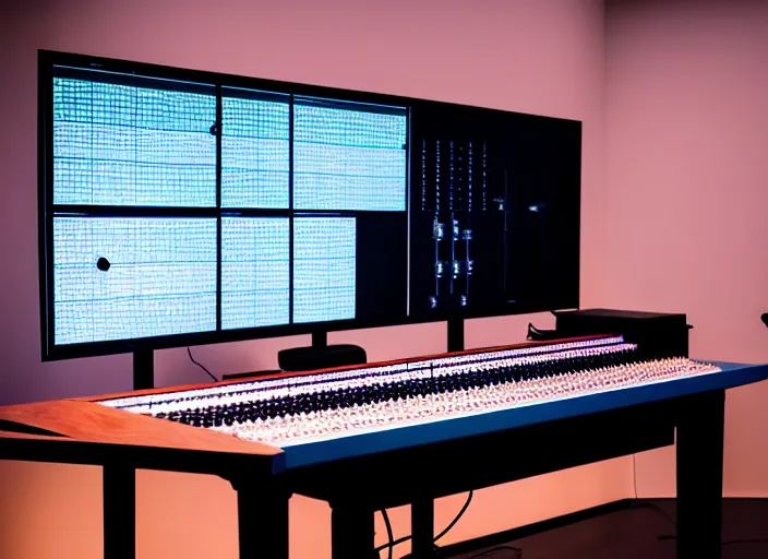 Prompt: studio photo still of an audio mixing board, 8 k, studio lighting, overhead spotlights