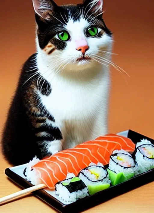 Image similar to clear photorealistic picture of adorable cats made out of sushi