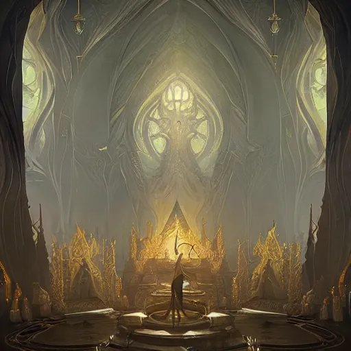 Image similar to the throne room of an elven castle, very sofisticated, marble and gold, by peter mohrbacher and dan mumford and nekro, cgsociety, volumetric light, 3 d render