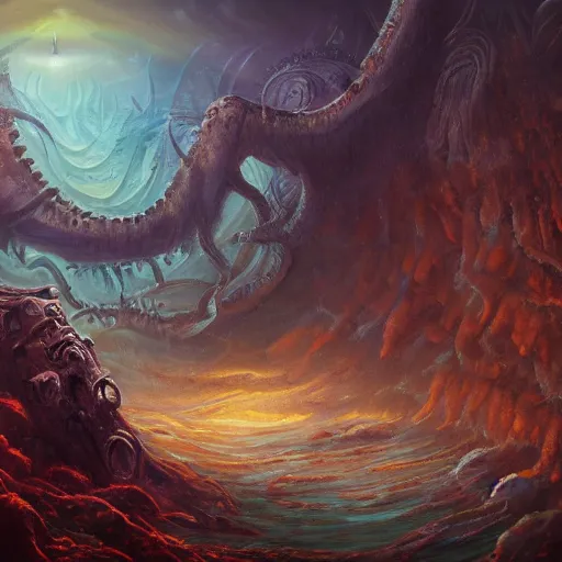 Image similar to a continent that is actually lovecraftian old god with everdreams hunting ground oil painting. oil on canvas. award winning. dramatic. trending on artstation 8 k