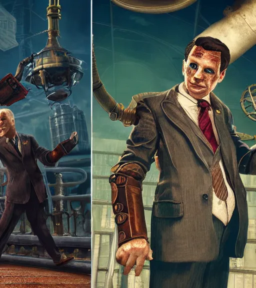 Prompt: joe biden cosplaying bioshock, by wlop, by simon stalengrad, bioshock screenshot, photorealistic fan art, intricate shading, steampunk, patriot