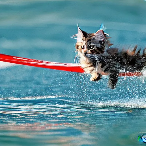 Image similar to Maine coon kitten is a Water skiing champion, action shot. Digital art