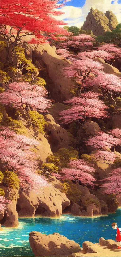 Prompt: ghibli illustrated background of a strikingly beautiful landform with strange rock formations and red water and cherry blossoms by vasily polenov, eugene von guerard, ivan shishkin, albert edelfelt, john singer sargent, albert bierstadt 4 k