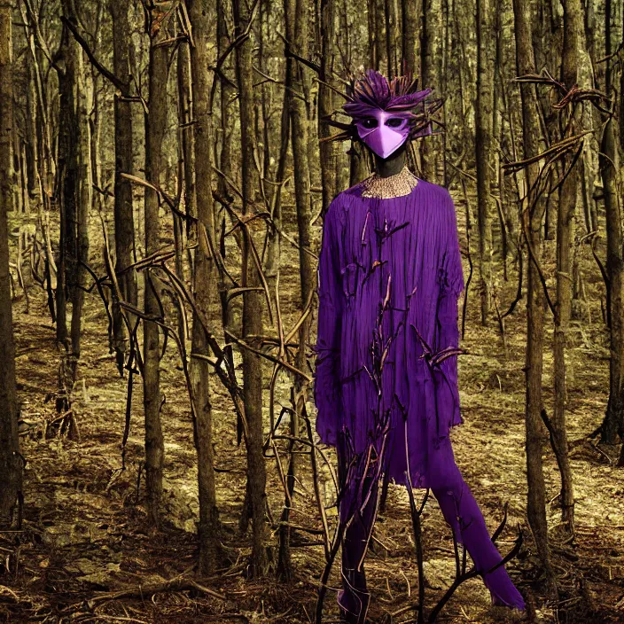 Image similar to a woman with a mask made of purple twigs standing in a forest, golden hour, vogue magazine