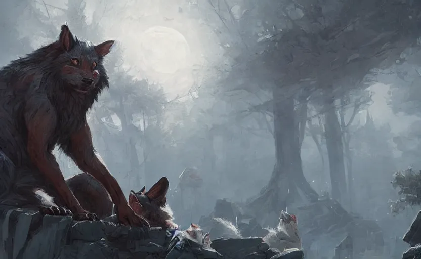 Image similar to A painting of a cabbit finds himself surrounded by a clan of tribal werewolves trending on artstation in the style of Greg Rutkowski