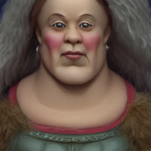 Prompt: fluffy goiter of a beloved dwarf woman