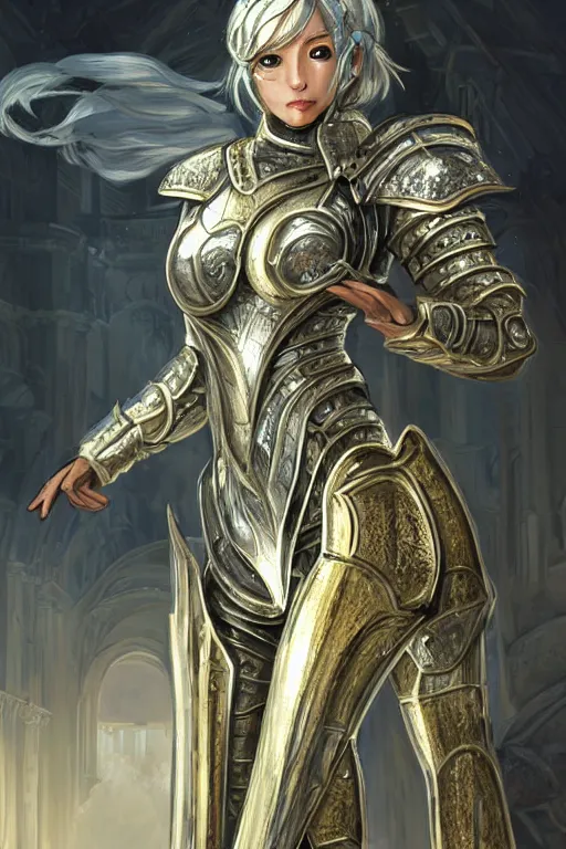 Prompt: portrait knights of Zodiac girl, metallic Silver and ice color reflected armor, in heavily raiinning ruin Agora of Athens, ssci-fi, fantasy, intricate, rim lights, reflected lights, very very beautiful, elegant, golden light, highly detailed, digital painting, artstation, concept art, smooth, sharp focus, illustration, art by tian zi and artgerm and greg rutkowski and alphonse mucha and loish and WLOP