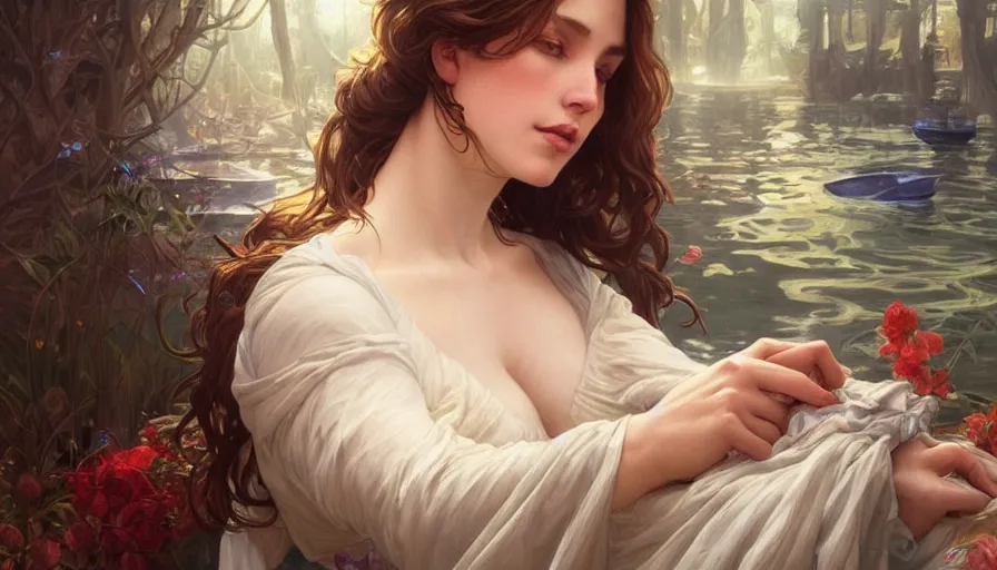 Prompt: perfectly-centered-Portrait of the most beautiful woman on the planet, river, washing clothes, intricate, highly detailed, digital painting, artstation, concept art, smooth, sharp focus, illustration, Unreal Engine 5, 8K, art by artgerm and greg rutkowski and alphonse mucha