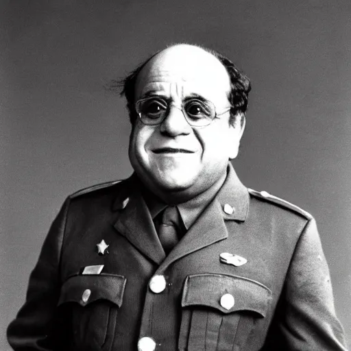 Prompt: portrait photograph of danny devito as a soviet officer in ww 2