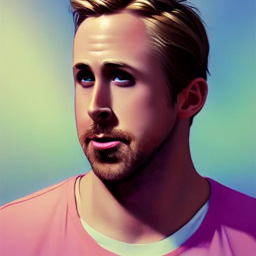 Image similar to ryan gosling, surprised, mouth open, gay, pink lighting ultra realistic photorealistic highly detailed high quality, a stunningly, digital painting, artstation, concept art, smooth, sharp focus, illustration, art by artgerm and greg rutkowski and alphonse mucha 8 k