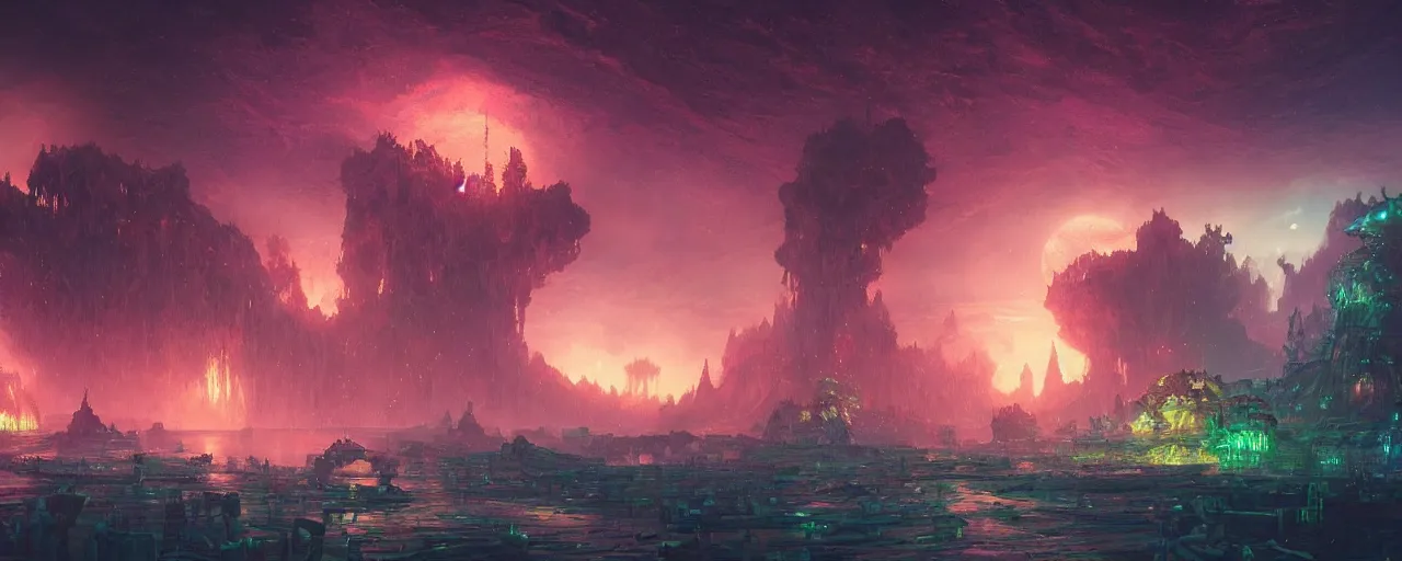 Image similar to ” otherwordly landscape at night, [ bioluminescense, cinematic, detailed, epic, widescreen, opening, establishing, mattepainting, photorealistic, realistic textures, octane render, art by slop and paul lehr ] ”