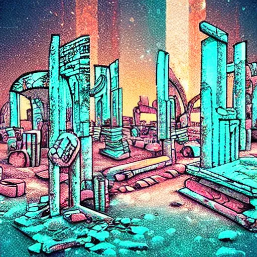 Prompt: ancient neon ruins in the tundra,retrowave art, trending