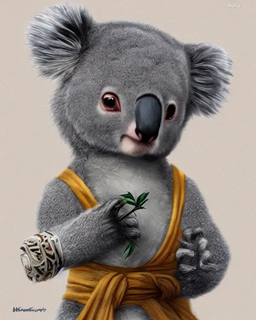 Image similar to a cute koala dressed in a shinobi outfit, by łukasz piskorz and patrick mcenvoy and michael komarck, intricate, highly detailed, artstation, concept art, smooth, sharp focus photorealistic centered