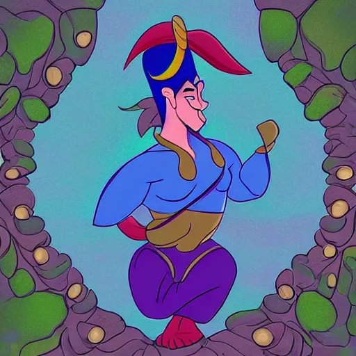 Prompt: the genie from Aladdin but green and surrounded by forest, fantasy illustration